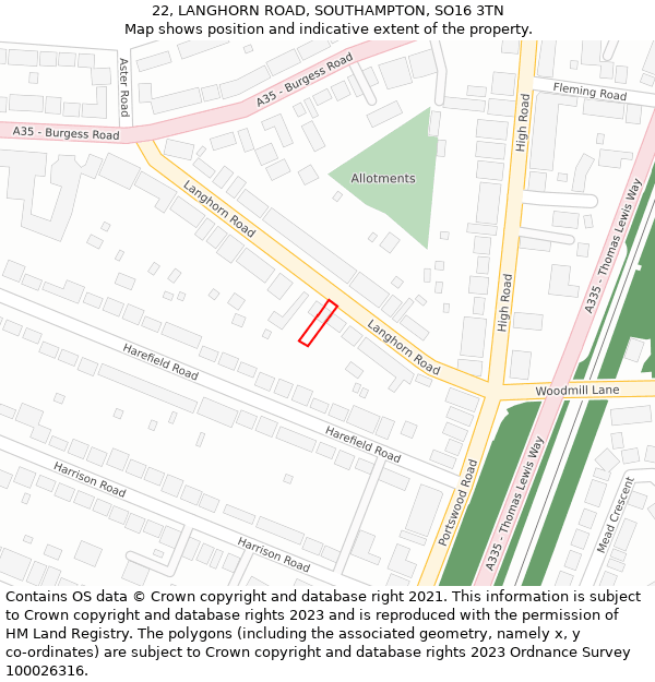 22, LANGHORN ROAD, SOUTHAMPTON, SO16 3TN: Location map and indicative extent of plot