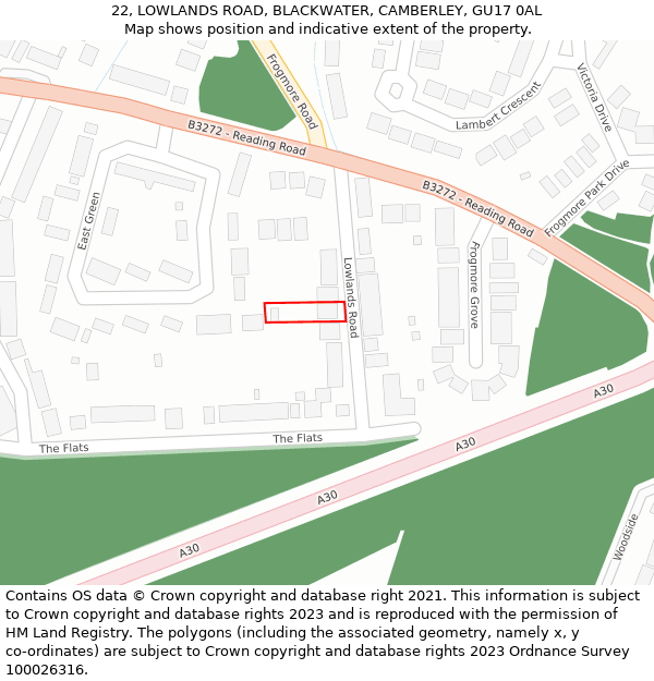 22, LOWLANDS ROAD, BLACKWATER, CAMBERLEY, GU17 0AL: Location map and indicative extent of plot