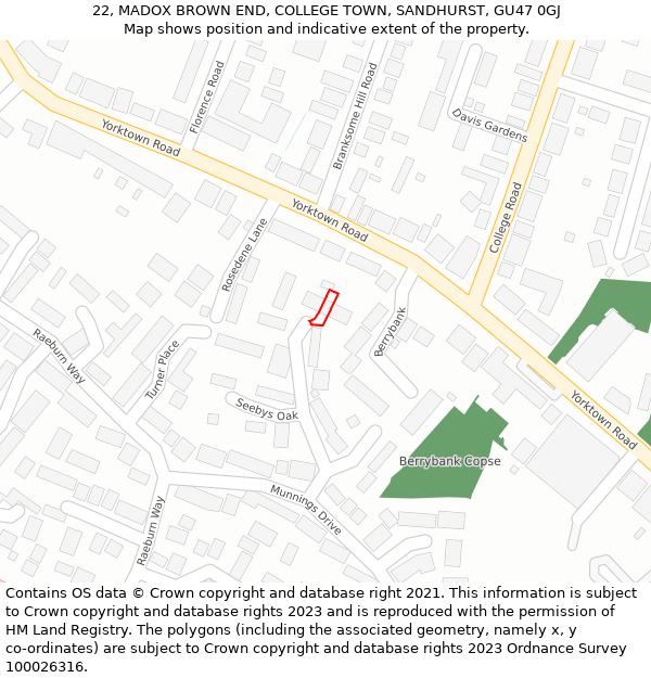 22, MADOX BROWN END, COLLEGE TOWN, SANDHURST, GU47 0GJ: Location map and indicative extent of plot