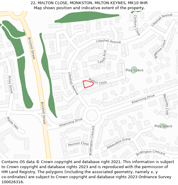 22, MALTON CLOSE, MONKSTON, MILTON KEYNES, MK10 9HR: Location map and indicative extent of plot