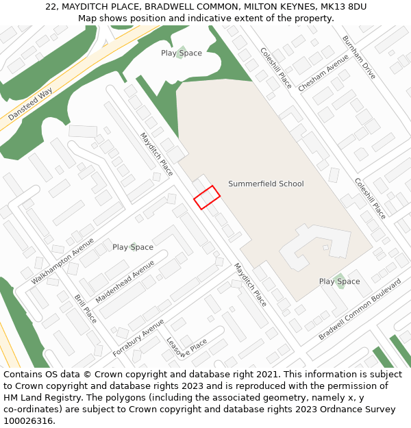 22, MAYDITCH PLACE, BRADWELL COMMON, MILTON KEYNES, MK13 8DU: Location map and indicative extent of plot