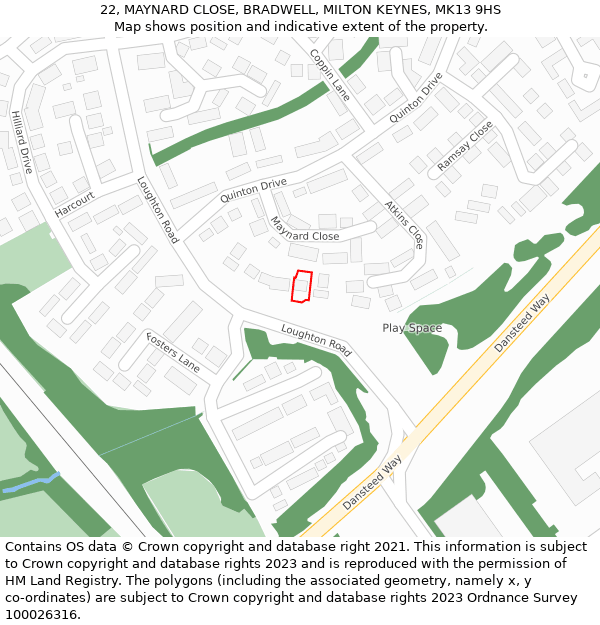 22, MAYNARD CLOSE, BRADWELL, MILTON KEYNES, MK13 9HS: Location map and indicative extent of plot