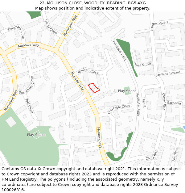 22, MOLLISON CLOSE, WOODLEY, READING, RG5 4XG: Location map and indicative extent of plot