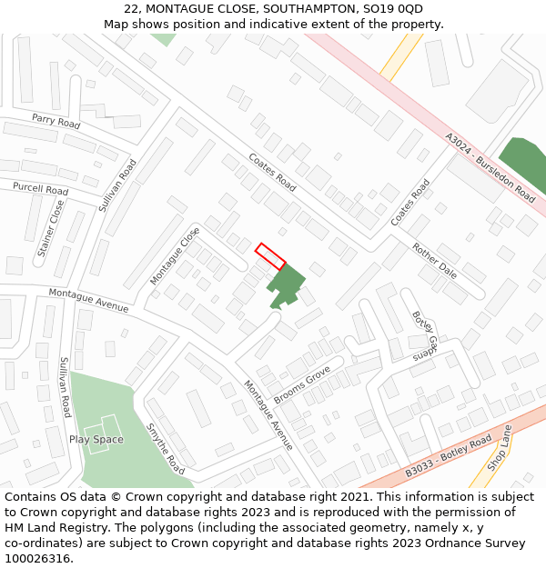 22, MONTAGUE CLOSE, SOUTHAMPTON, SO19 0QD: Location map and indicative extent of plot