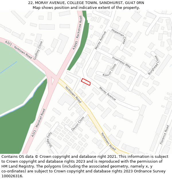 22, MORAY AVENUE, COLLEGE TOWN, SANDHURST, GU47 0RN: Location map and indicative extent of plot