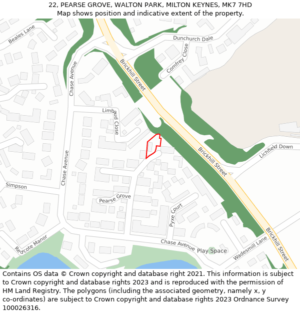 22, PEARSE GROVE, WALTON PARK, MILTON KEYNES, MK7 7HD: Location map and indicative extent of plot