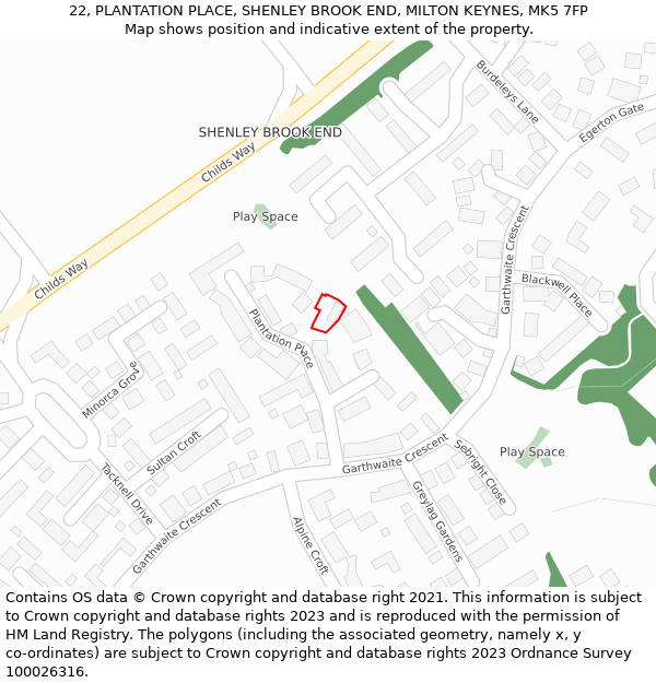 22, PLANTATION PLACE, SHENLEY BROOK END, MILTON KEYNES, MK5 7FP: Location map and indicative extent of plot