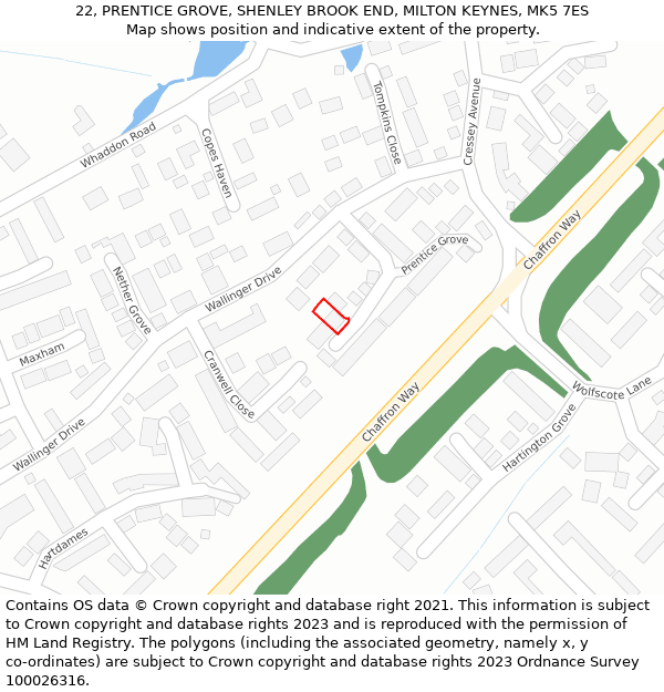 22, PRENTICE GROVE, SHENLEY BROOK END, MILTON KEYNES, MK5 7ES: Location map and indicative extent of plot