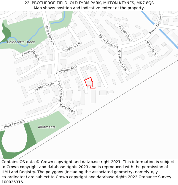 22, PROTHEROE FIELD, OLD FARM PARK, MILTON KEYNES, MK7 8QS: Location map and indicative extent of plot