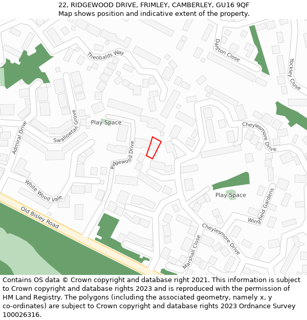 22, RIDGEWOOD DRIVE, FRIMLEY, CAMBERLEY, GU16 9QF: Location map and indicative extent of plot