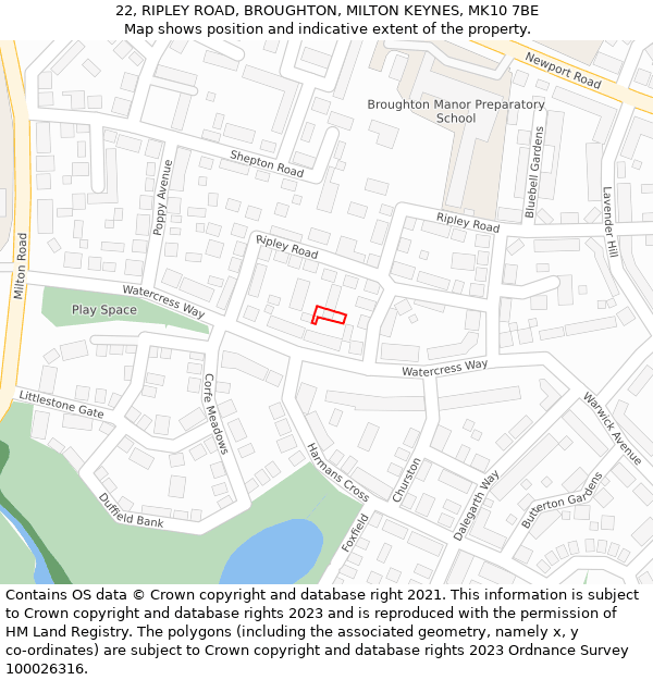 22, RIPLEY ROAD, BROUGHTON, MILTON KEYNES, MK10 7BE: Location map and indicative extent of plot