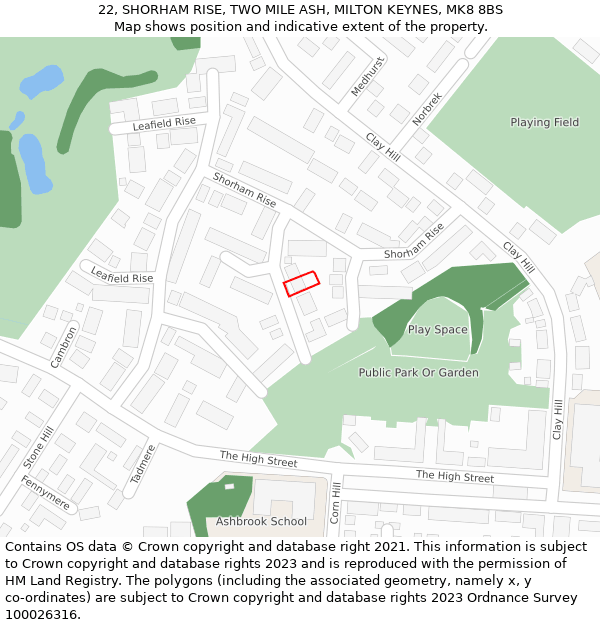 22, SHORHAM RISE, TWO MILE ASH, MILTON KEYNES, MK8 8BS: Location map and indicative extent of plot
