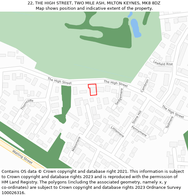 22, THE HIGH STREET, TWO MILE ASH, MILTON KEYNES, MK8 8DZ: Location map and indicative extent of plot