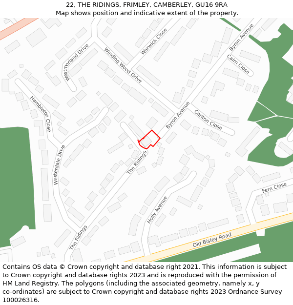 22, THE RIDINGS, FRIMLEY, CAMBERLEY, GU16 9RA: Location map and indicative extent of plot