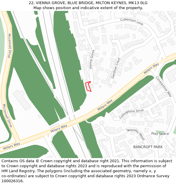 22, VIENNA GROVE, BLUE BRIDGE, MILTON KEYNES, MK13 0LG: Location map and indicative extent of plot