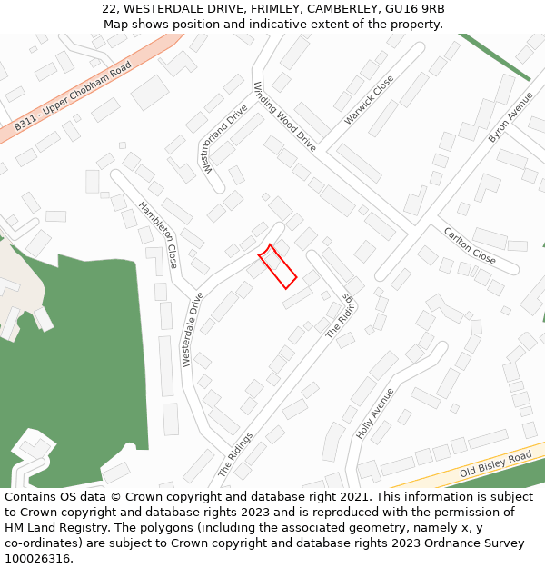 22, WESTERDALE DRIVE, FRIMLEY, CAMBERLEY, GU16 9RB: Location map and indicative extent of plot