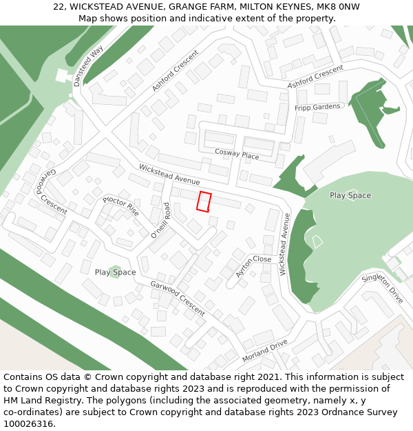 22, WICKSTEAD AVENUE, GRANGE FARM, MILTON KEYNES, MK8 0NW: Location map and indicative extent of plot