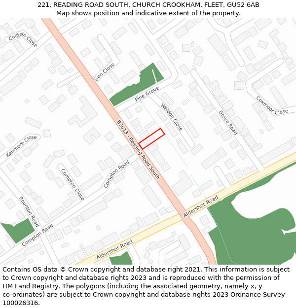 221, READING ROAD SOUTH, CHURCH CROOKHAM, FLEET, GU52 6AB: Location map and indicative extent of plot