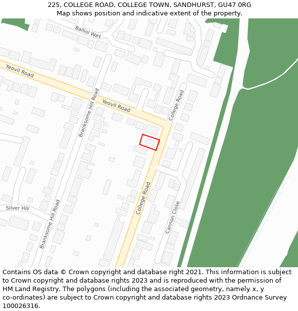 225, COLLEGE ROAD, COLLEGE TOWN, SANDHURST, GU47 0RG: Location map and indicative extent of plot