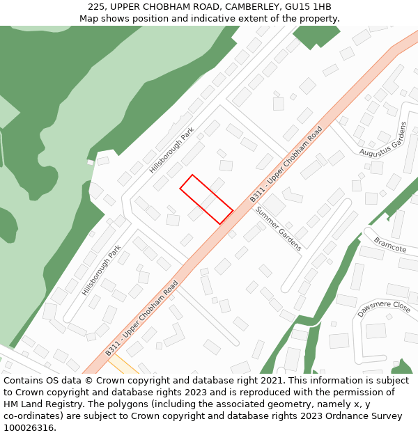 225, UPPER CHOBHAM ROAD, CAMBERLEY, GU15 1HB: Location map and indicative extent of plot