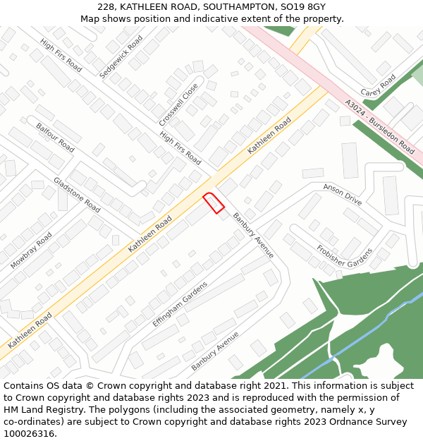 228, KATHLEEN ROAD, SOUTHAMPTON, SO19 8GY: Location map and indicative extent of plot