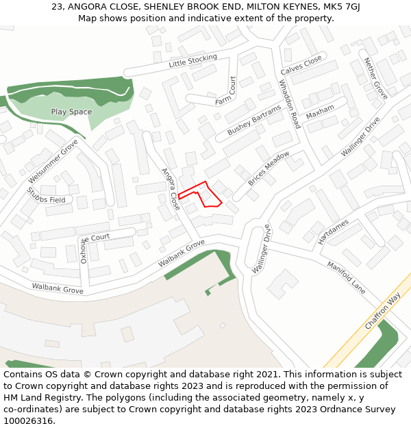 23, ANGORA CLOSE, SHENLEY BROOK END, MILTON KEYNES, MK5 7GJ: Location map and indicative extent of plot