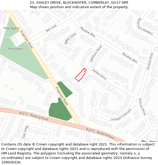 23, ASHLEY DRIVE, BLACKWATER, CAMBERLEY, GU17 0PR: Location map and indicative extent of plot