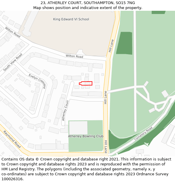 23, ATHERLEY COURT, SOUTHAMPTON, SO15 7NG: Location map and indicative extent of plot