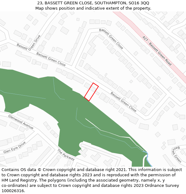 23, BASSETT GREEN CLOSE, SOUTHAMPTON, SO16 3QQ: Location map and indicative extent of plot