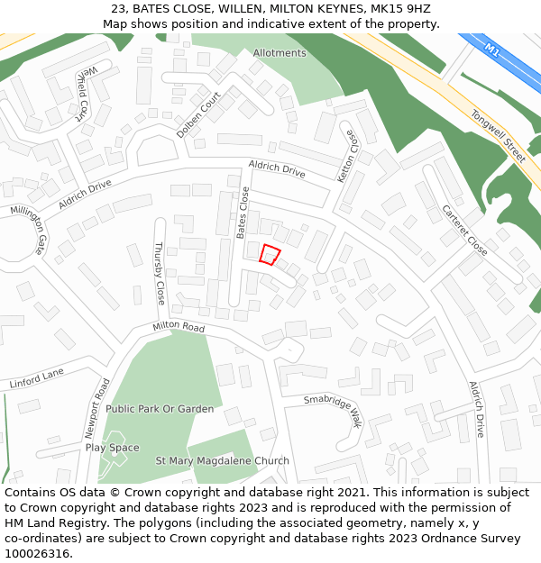 23, BATES CLOSE, WILLEN, MILTON KEYNES, MK15 9HZ: Location map and indicative extent of plot