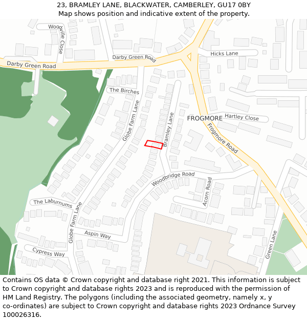 23, BRAMLEY LANE, BLACKWATER, CAMBERLEY, GU17 0BY: Location map and indicative extent of plot