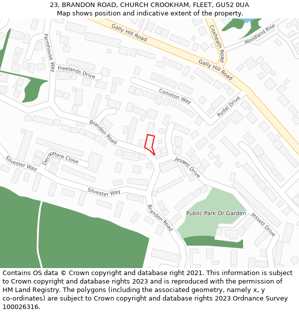 23, BRANDON ROAD, CHURCH CROOKHAM, FLEET, GU52 0UA: Location map and indicative extent of plot