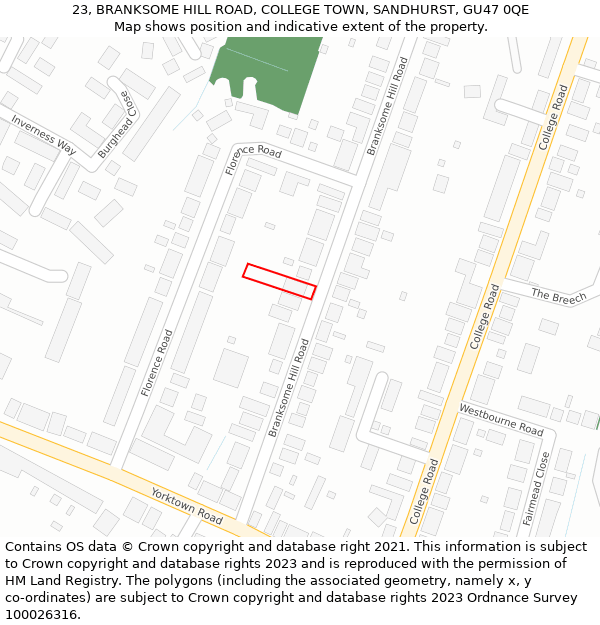 23, BRANKSOME HILL ROAD, COLLEGE TOWN, SANDHURST, GU47 0QE: Location map and indicative extent of plot