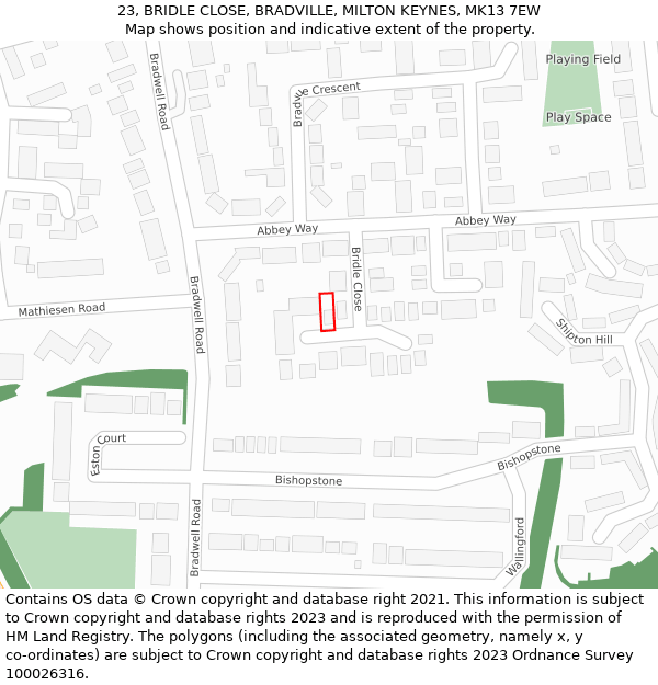 23, BRIDLE CLOSE, BRADVILLE, MILTON KEYNES, MK13 7EW: Location map and indicative extent of plot