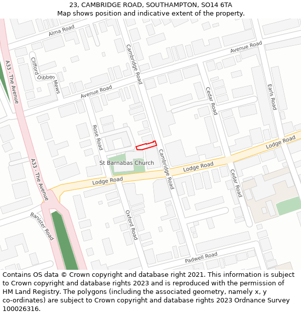 23, CAMBRIDGE ROAD, SOUTHAMPTON, SO14 6TA: Location map and indicative extent of plot