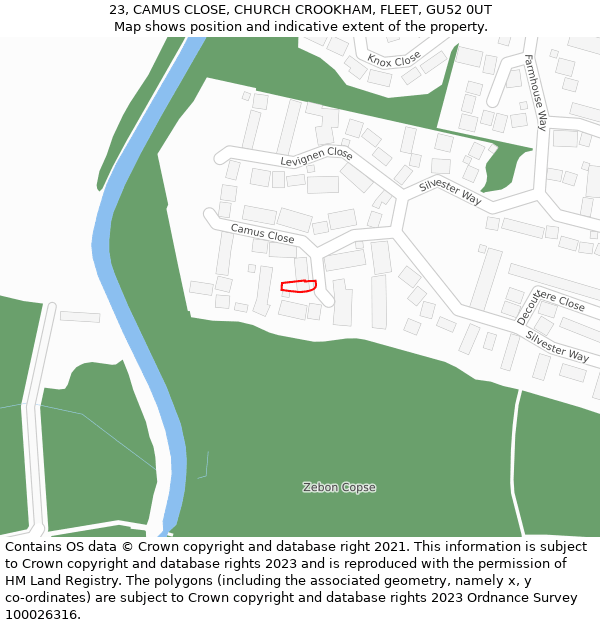 23, CAMUS CLOSE, CHURCH CROOKHAM, FLEET, GU52 0UT: Location map and indicative extent of plot