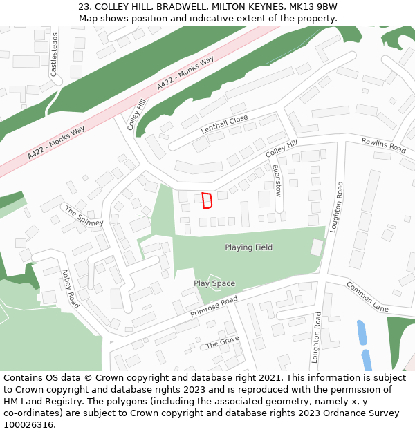 23, COLLEY HILL, BRADWELL, MILTON KEYNES, MK13 9BW: Location map and indicative extent of plot