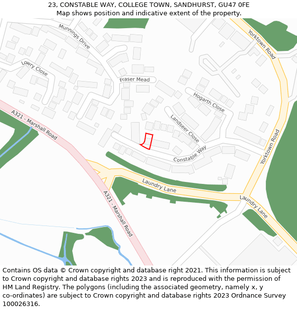 23, CONSTABLE WAY, COLLEGE TOWN, SANDHURST, GU47 0FE: Location map and indicative extent of plot
