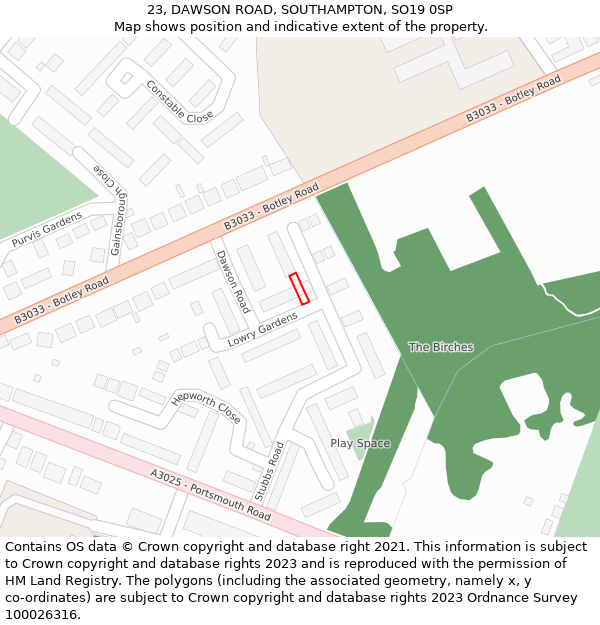 23, DAWSON ROAD, SOUTHAMPTON, SO19 0SP: Location map and indicative extent of plot