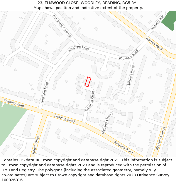 23, ELMWOOD CLOSE, WOODLEY, READING, RG5 3AL: Location map and indicative extent of plot