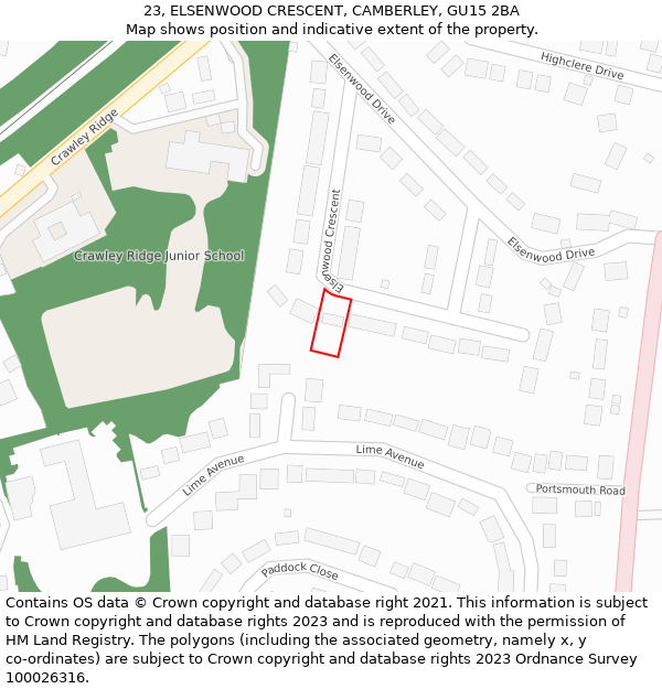 23, ELSENWOOD CRESCENT, CAMBERLEY, GU15 2BA: Location map and indicative extent of plot