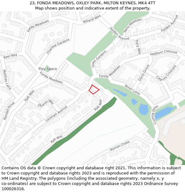 23, FONDA MEADOWS, OXLEY PARK, MILTON KEYNES, MK4 4TT: Location map and indicative extent of plot