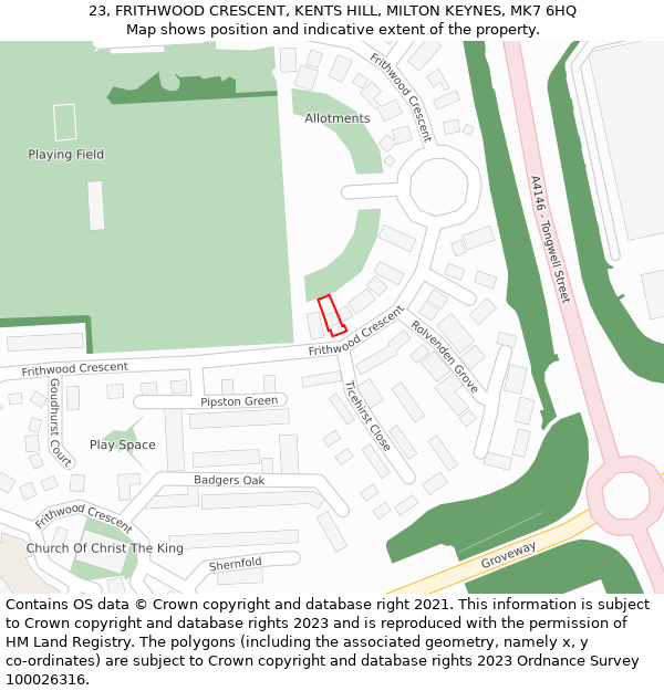 23, FRITHWOOD CRESCENT, KENTS HILL, MILTON KEYNES, MK7 6HQ: Location map and indicative extent of plot