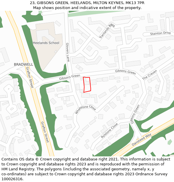 23, GIBSONS GREEN, HEELANDS, MILTON KEYNES, MK13 7PR: Location map and indicative extent of plot