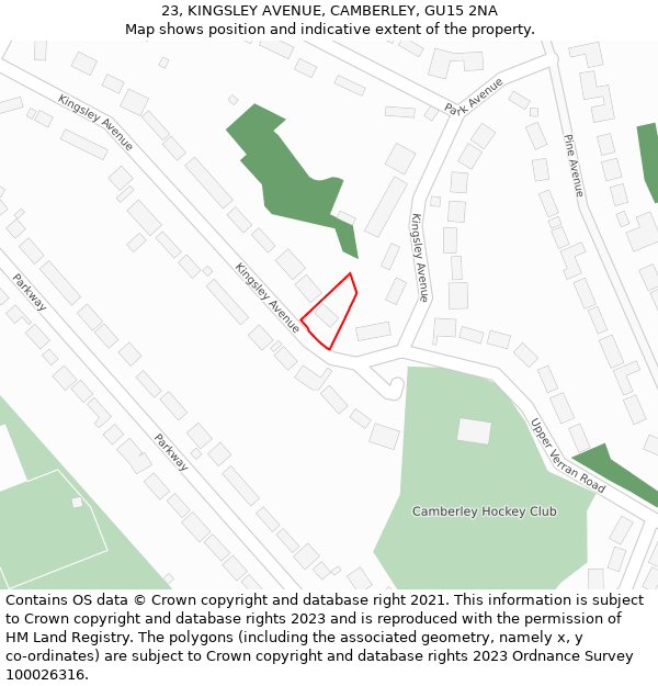 23, KINGSLEY AVENUE, CAMBERLEY, GU15 2NA: Location map and indicative extent of plot