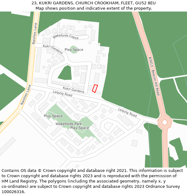 23, KUKRI GARDENS, CHURCH CROOKHAM, FLEET, GU52 8EU: Location map and indicative extent of plot