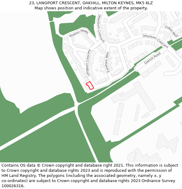 23, LANGPORT CRESCENT, OAKHILL, MILTON KEYNES, MK5 6LZ: Location map and indicative extent of plot