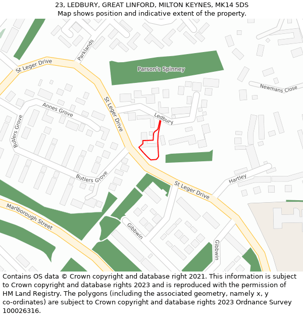 23, LEDBURY, GREAT LINFORD, MILTON KEYNES, MK14 5DS: Location map and indicative extent of plot