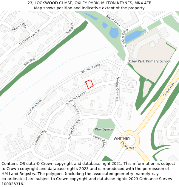 23, LOCKWOOD CHASE, OXLEY PARK, MILTON KEYNES, MK4 4ER: Location map and indicative extent of plot