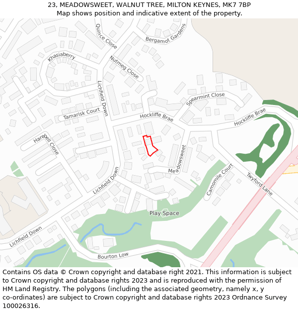 23, MEADOWSWEET, WALNUT TREE, MILTON KEYNES, MK7 7BP: Location map and indicative extent of plot